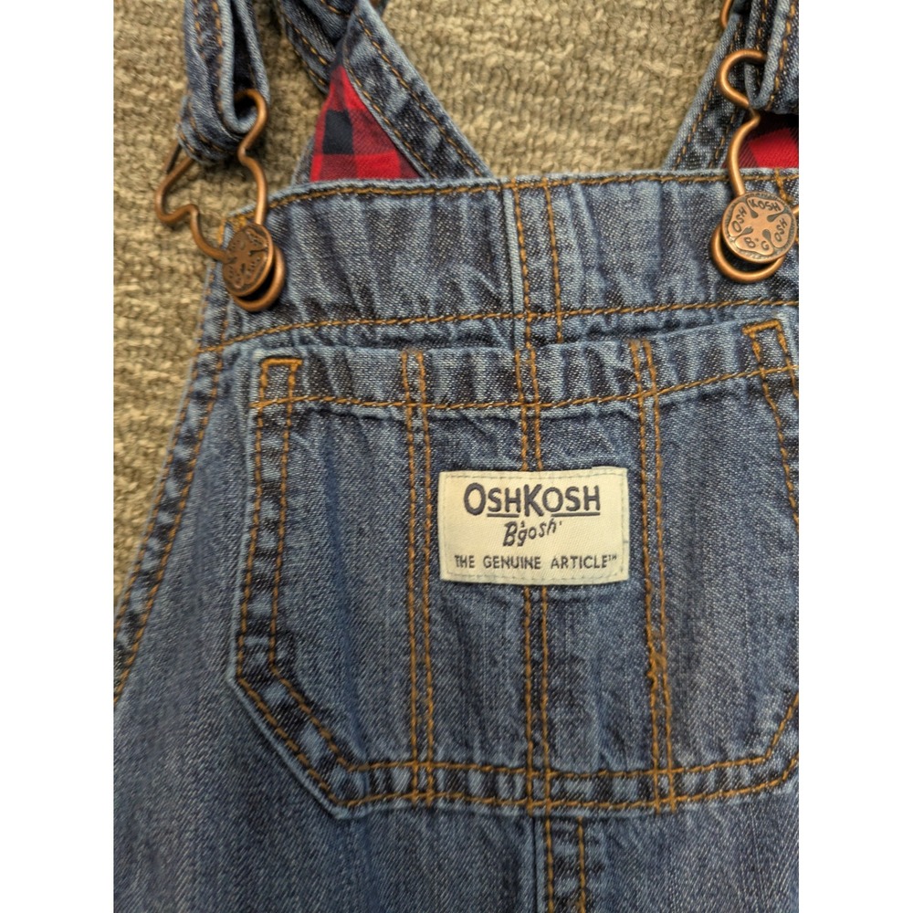OshKosh B'gosh Denim Overalls Kid's 24M Blue Plaid Lined Adjustable Straps - Picture 4 of 8
